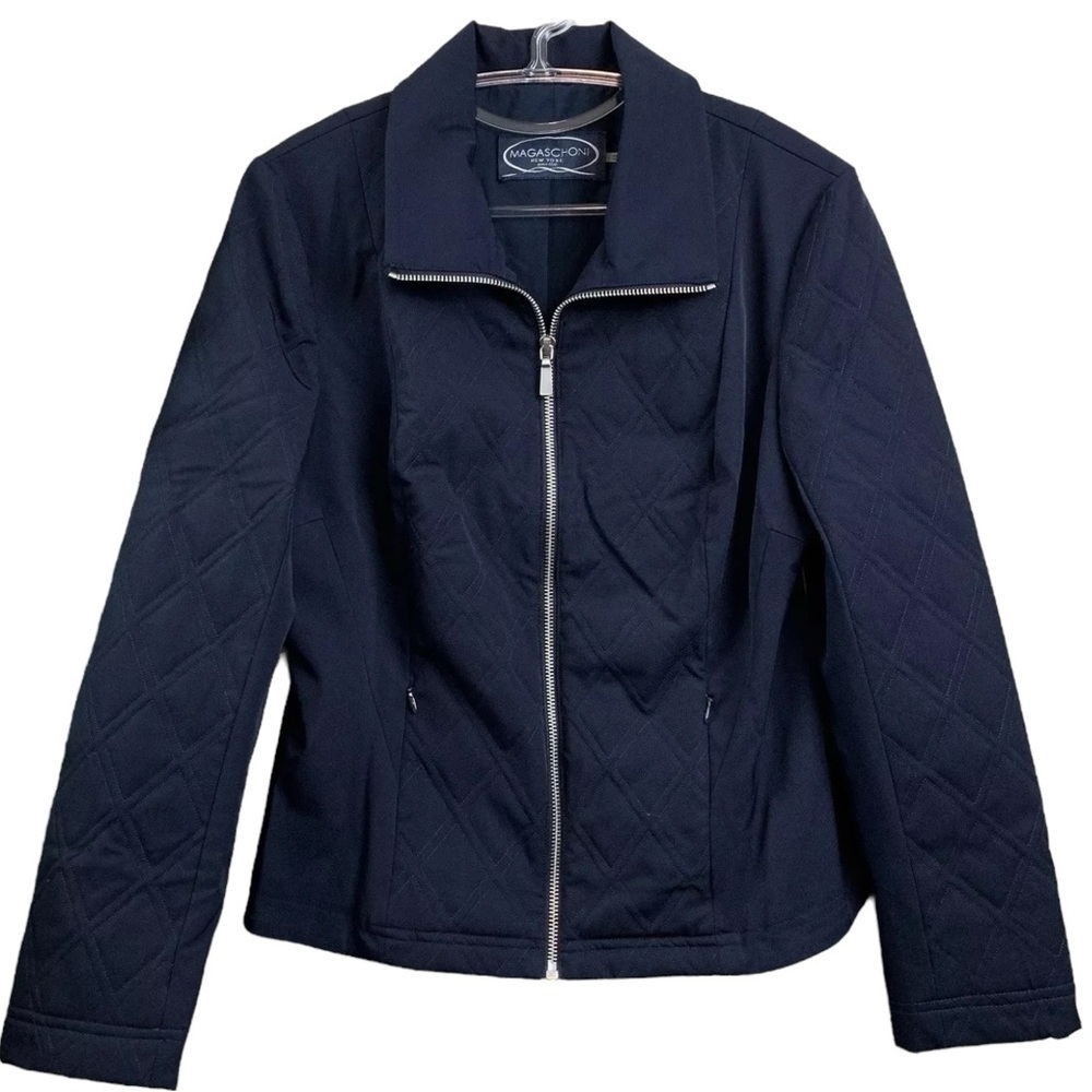 Magaschoni New York Quilted Zip Pocketed Casual Jacket Navy Blue Size 4